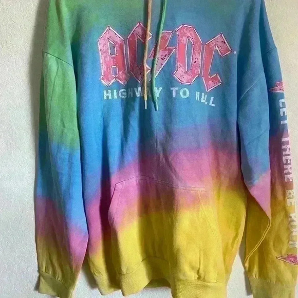 AC/DC Vintage Tie Dye Boyfriend Retro Hard Rock Concert Hood Sweatshirt Size  L - Picture 4 of 11